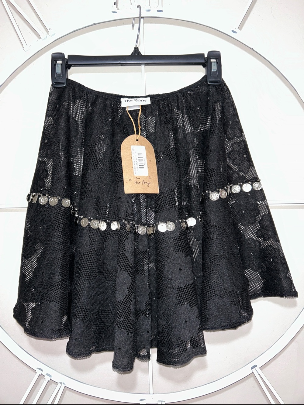 NWT Her Pony Harlow Mini Skirt Sequin & Coin Trim Black